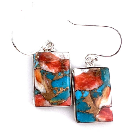 Spiny Oyster Blue Turquoise Sterling Silver Rectangle Earrings - Keja Designs Jewelry