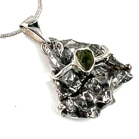 Campo de Cielo, and Moldavite Meteorite Sterling Silver Pendant - Keja Designs Jewelry