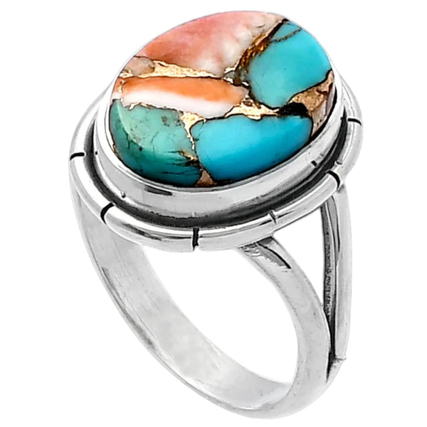 Spiny Oyster Blue Turquoise Sterling Silver Oval Ring - Keja Designs Jewelry