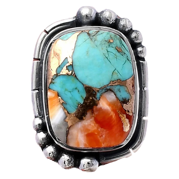Spiny Oyster Blue Turquoise Sterling Silver Oblong Ring - Keja Designs Jewelry