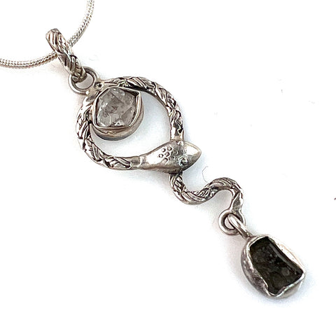 Moldavite Meteorite Rough & Clear Herkimer Diamond Sterling Silver Serpent Pendant - Keja Designs Jewelry