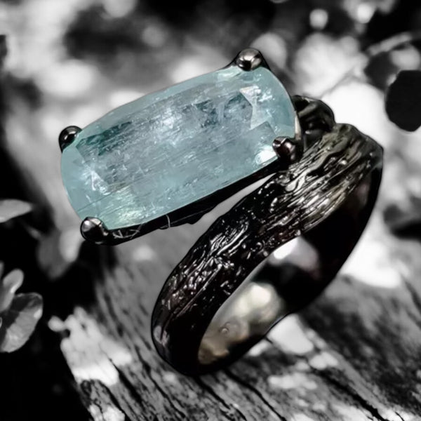 Aquamarine Rhodium Plated Sterling Silver Ring - Keja Designs Jewelry