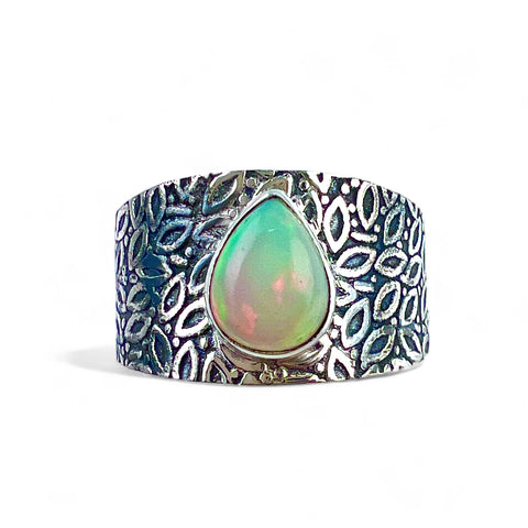 Ethiopian Opal Pear Shaped Sterling Silver Band Ring - Keja Designs Jewelry