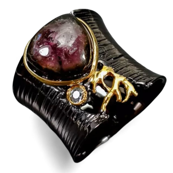 Pink Tourmaline, Blue Topaz,  Rhodium & Gold Plated Sterling Silver Ring - Keja Designs Jewelry