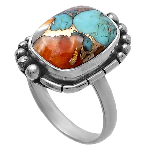 Spiny Oyster Blue Turquoise Sterling Silver Oblong Ring - Keja Designs Jewelry