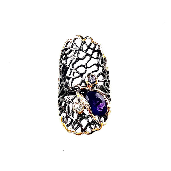 Amethyst Sterling Silver Rhodium & Gold Coral Ring - Keja Designs Jewelry