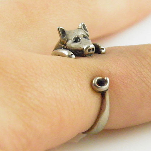 Animal Wrap Ring - Pig - White Bronze - Adjustable Ring - Keja Jewelry - Keja Designs Jewelry