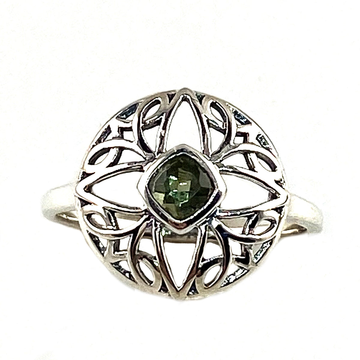 Faceted Moldavite Meteorite Sterling Silver Sacred Geometry Ring