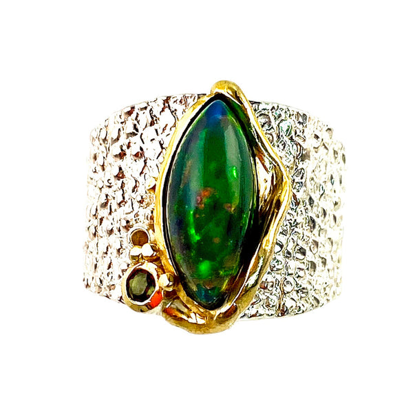 Black Opal Sterling Silver White & Yellow Gold Band Ring - Keja Designs Jewelry