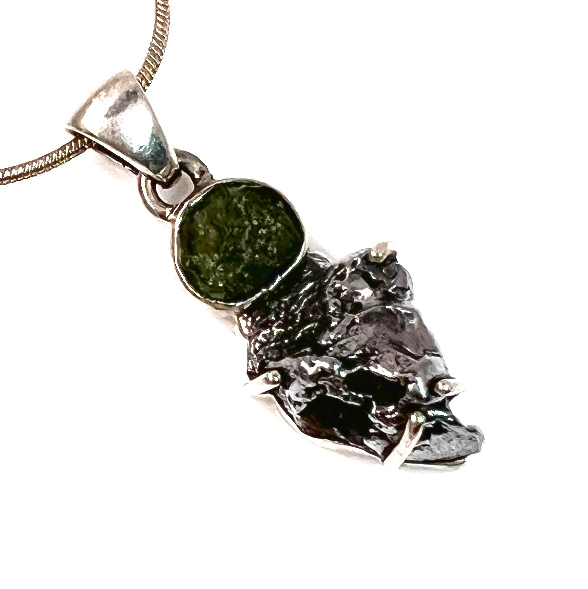 Moldavite & Campo de Cielo Meteorite Sterling Silver Point Pendant