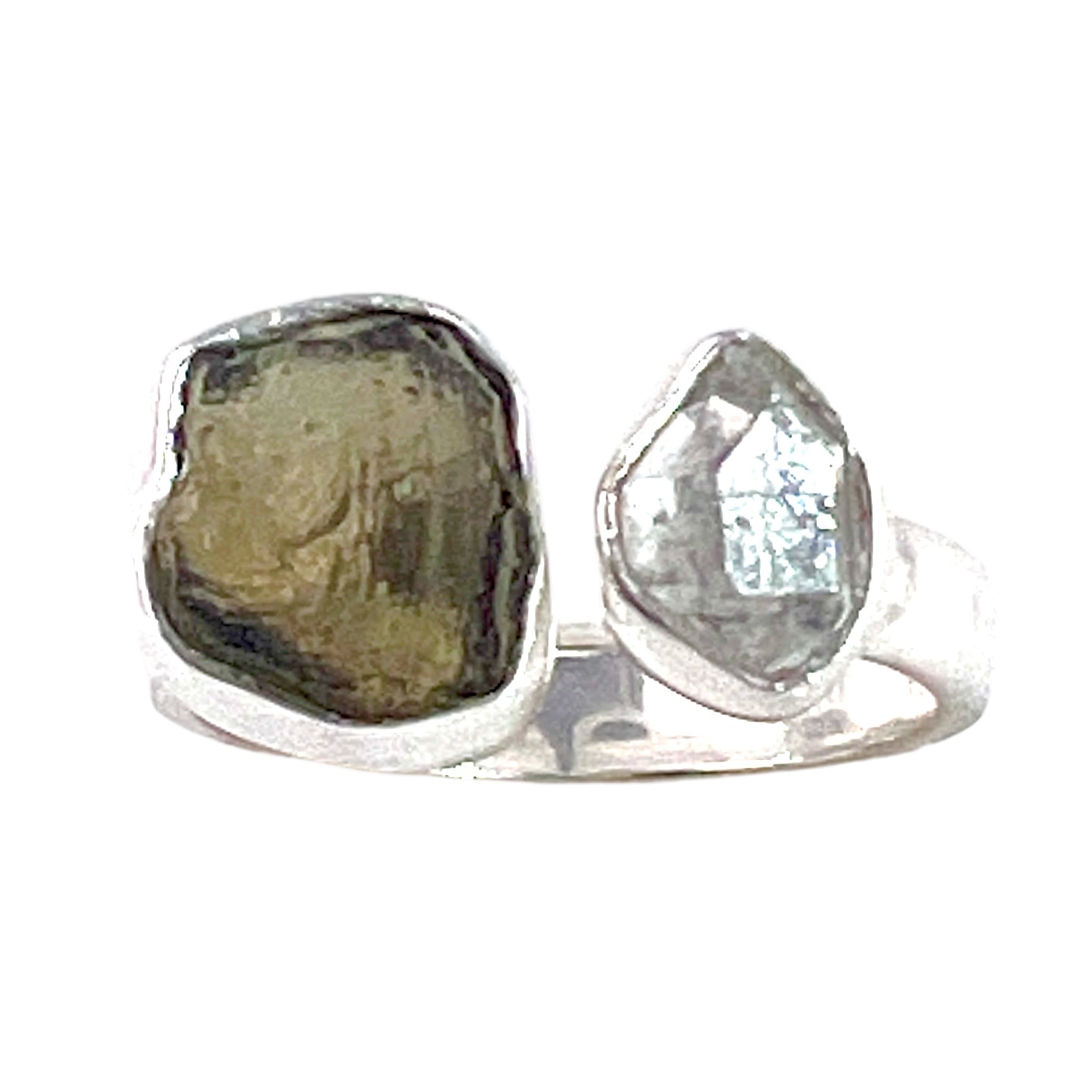 Moldavite & Herkimer Diamond Sterling Silver Adjustable Ring