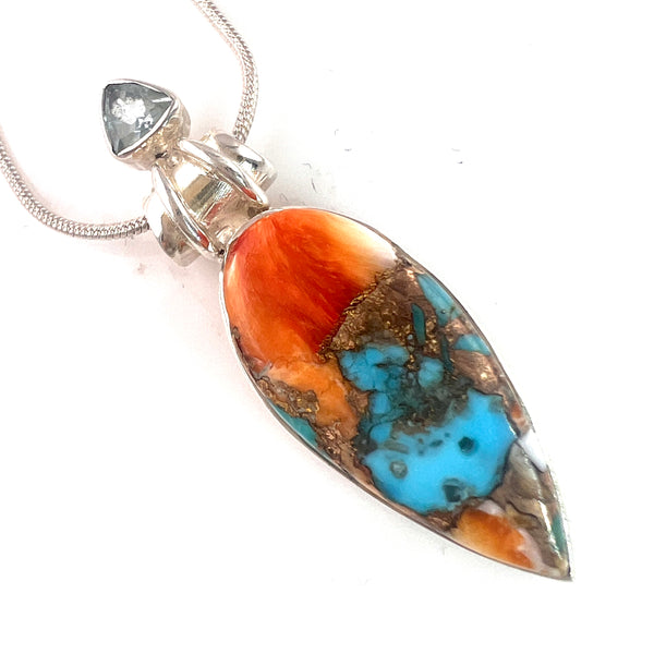 Spiny Oyster Turquoise & Blue Topaz Sterling Silver Linear Pendant