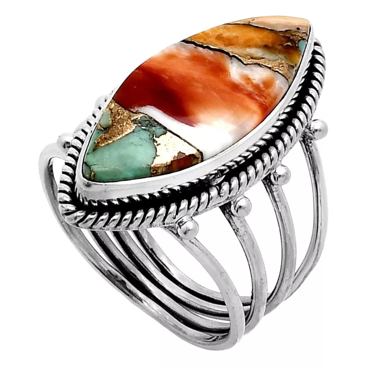 Spiny Oyster Turquoise 4 Band Sterling Silver Marquise Ring