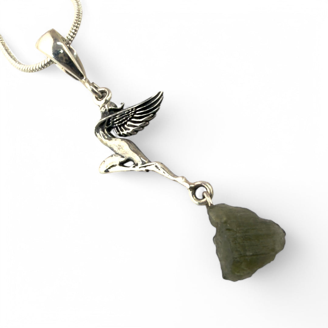 Moldavite Sterling Silver Winged Goddess Pendant - Keja Designs Jewelry