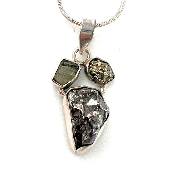 Campo de Cielo, Moldavite and Pyrite Sterling Silver Pendant