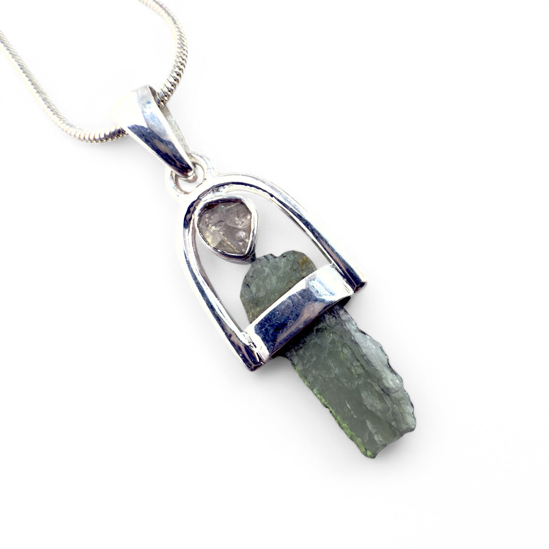 Moldavite & Herkimer Diamond Sterling Silver Arch Pendant - Keja Designs Jewelry