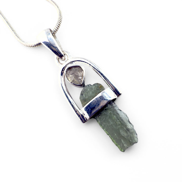 Moldavite &amp; Herkimer Diamond Sterling Silver Arch Pendant - Keja Designs Jewelry