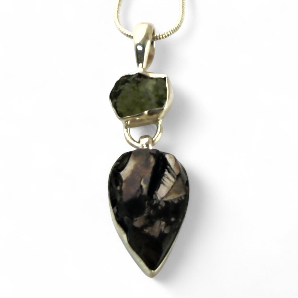 Moldavite Meteorite & Elite Shungite Sterling Silver Point Pendant - Keja Designs Jewelry