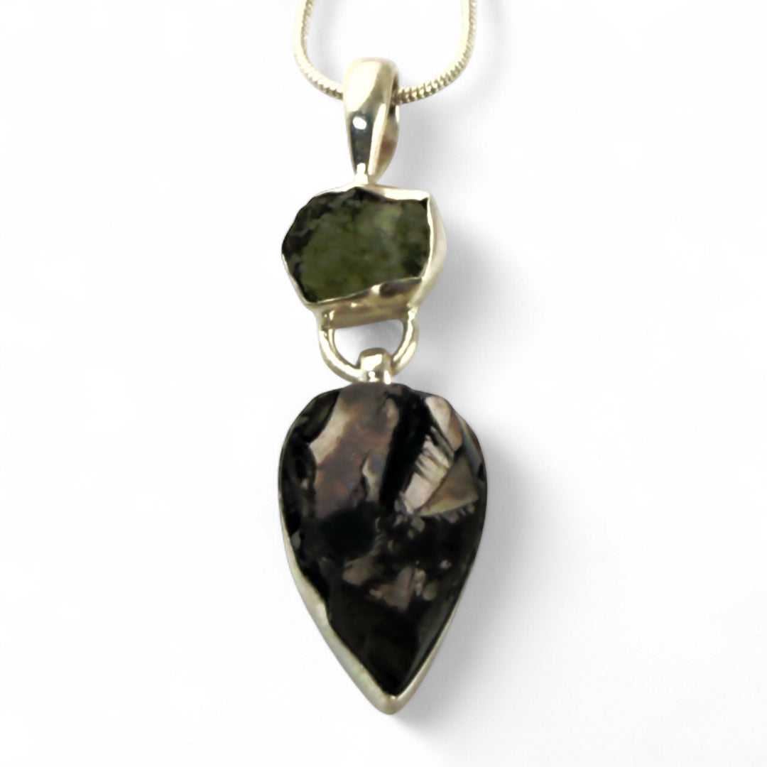 Moldavite Meteorite &amp; Elite Shungite Sterling Silver Point Pendant - Keja Designs Jewelry