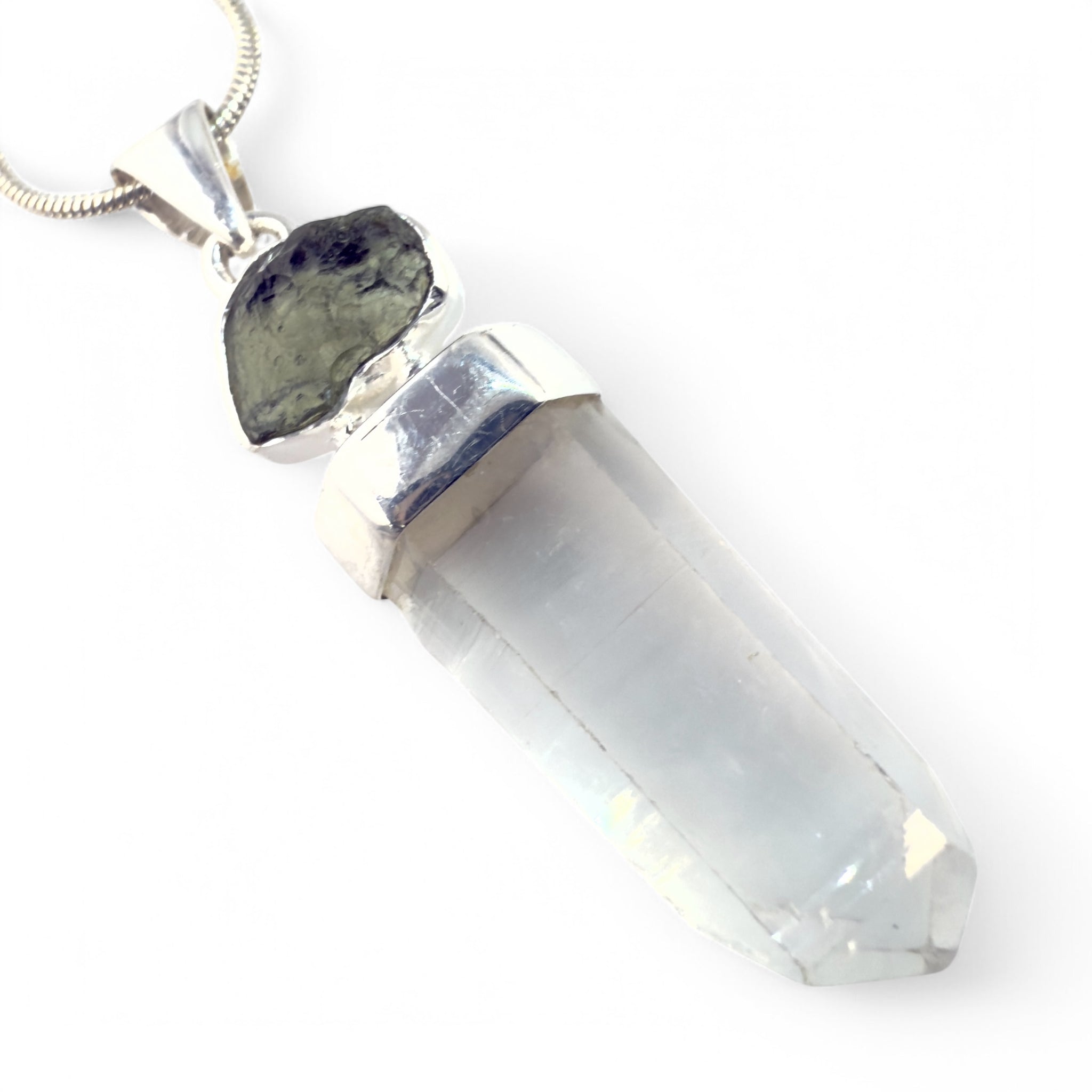 Moldavite & Lemurian Quartz Sterling Silver Pendant - Keja Designs Jewelry