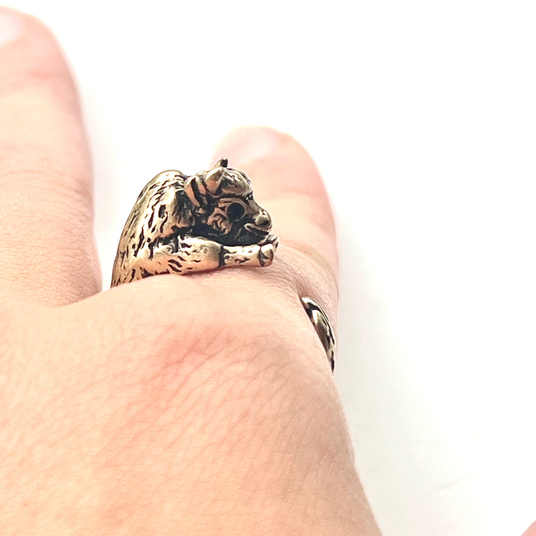 Animal Wrap Ring - Buffalo- Yellow Bronze - Adjustable Ring - Keja Designs Jewelry