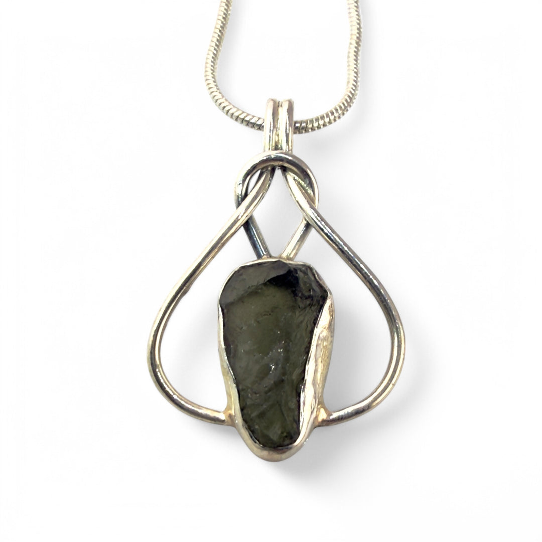 Moldavite Sterling Silver Knot Pendant - Keja Designs Jewelry