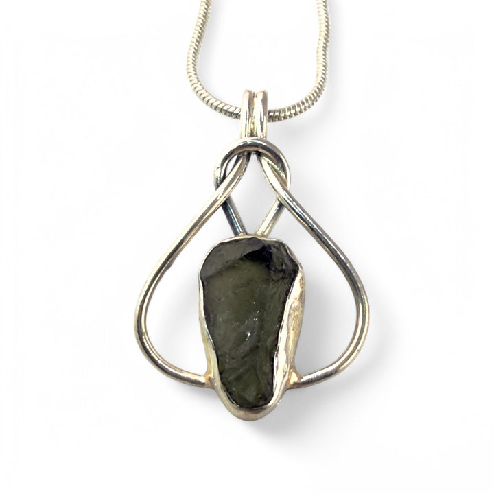 Moldavite Sterling Silver Knot Pendant - Keja Designs Jewelry