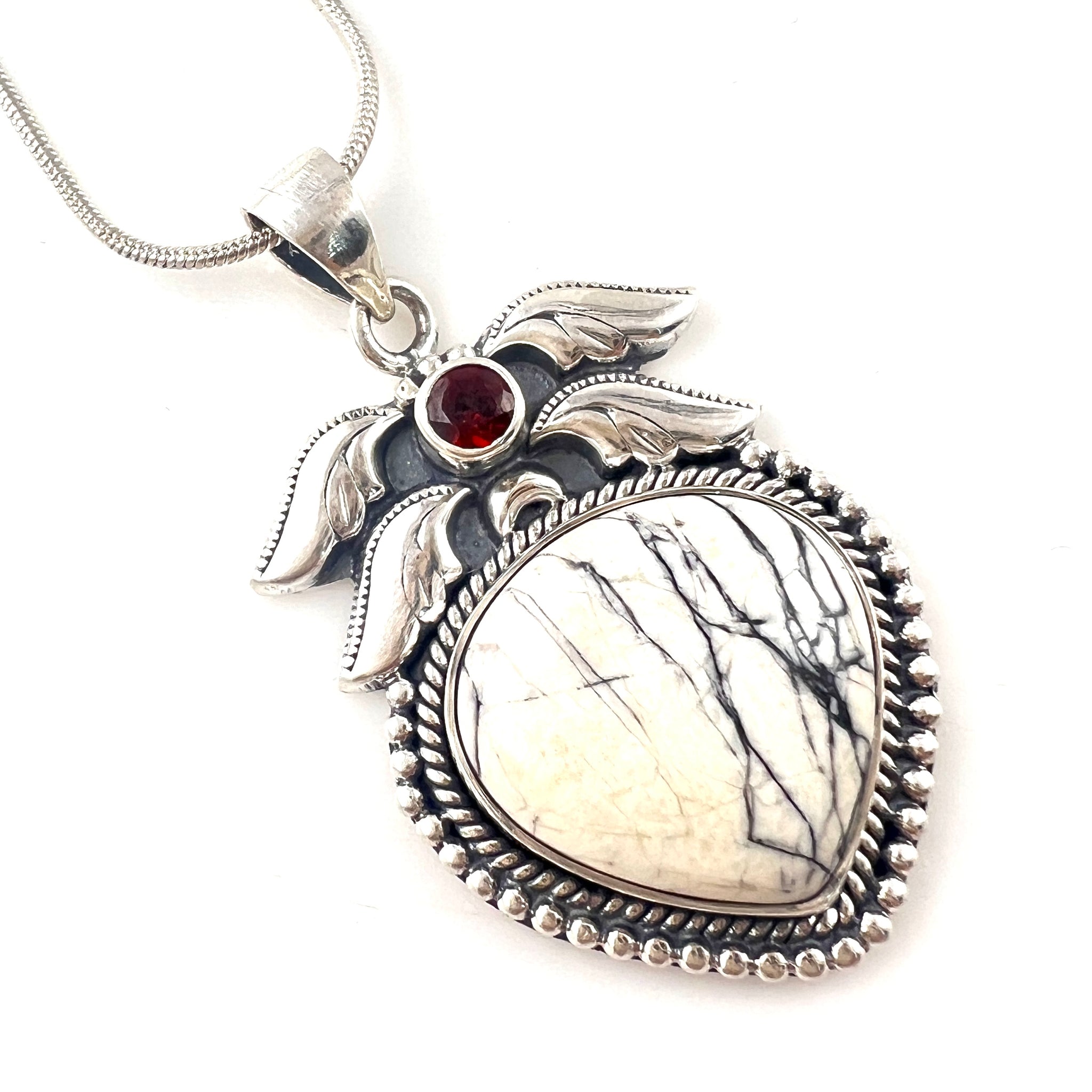 White Buffalo & Garnet Sterling Silver Pendant