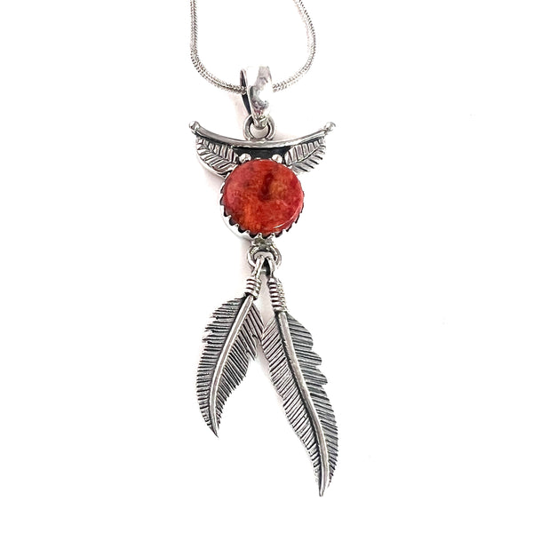 Coral Sterling Silver Feather Pendant