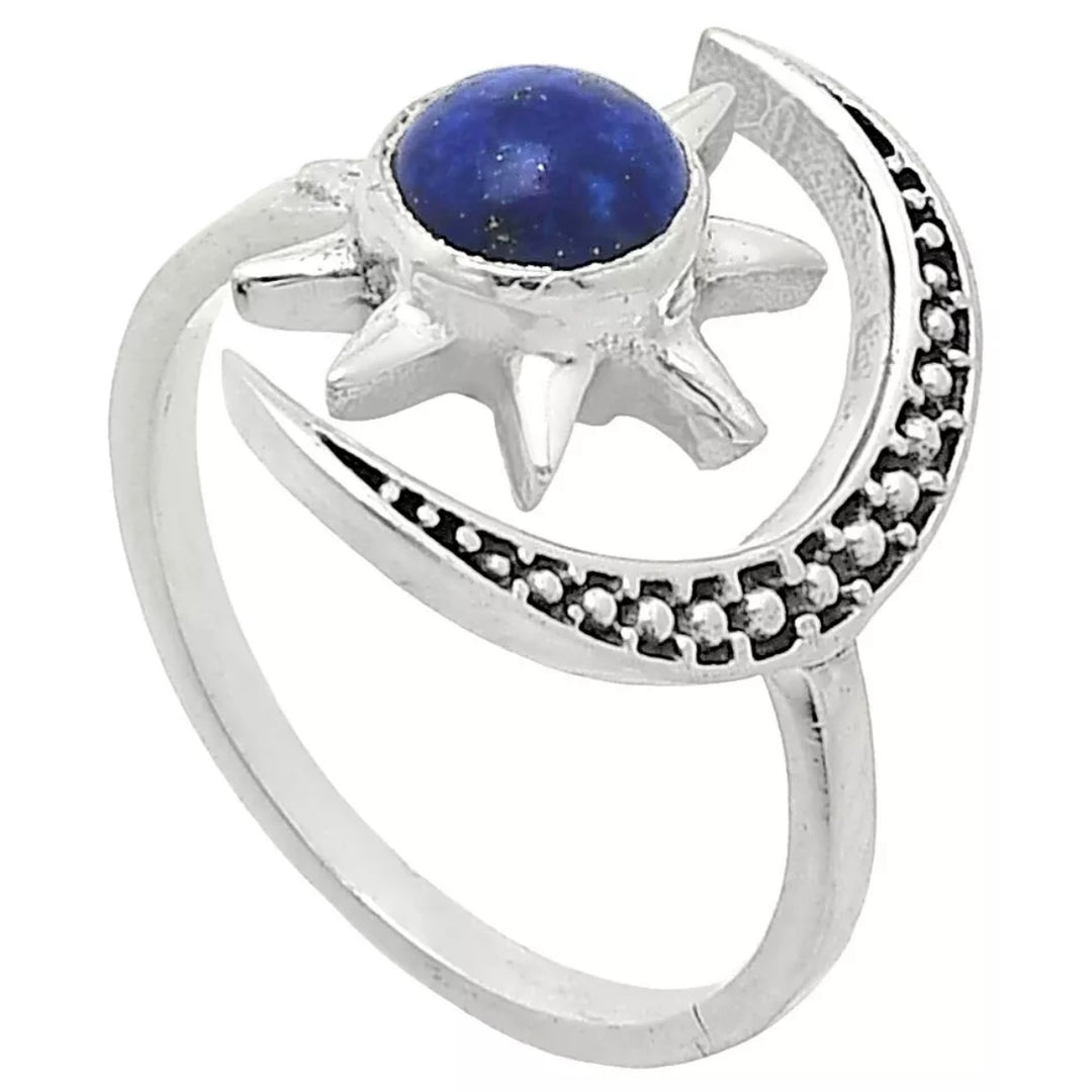 Crescent Moon & Star Lapis Sterling Silver Adjustable Ring - Keja Designs Jewelry