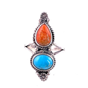 Turquoise & Coral Sterling Silver Elongated Ring - Keja Designs Jewelry