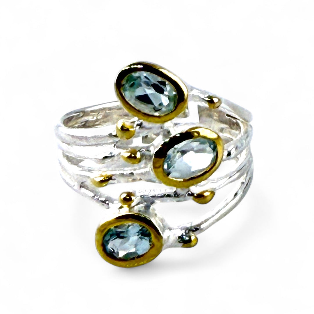 Blue Topaz Tri-Stone White Gold & Gold Plated Sterling Silver Ring - Keja Designs Jewelry