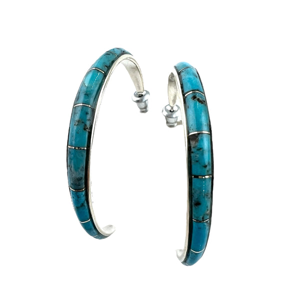 Inlaid Turquoise Sterling Silver Hoop Earrings