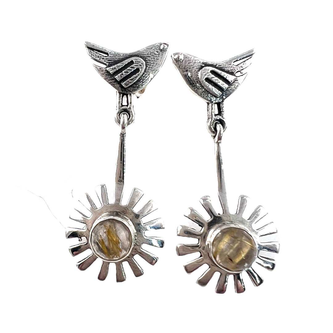Rutilated Quartz Sterling Silver Bird on a Wire Earrings - Keja Designs Jewelry