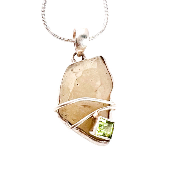 Libyan Desert Glass Meteorite & Peridot Sterling Silver Pendant - Keja Designs Jewelry