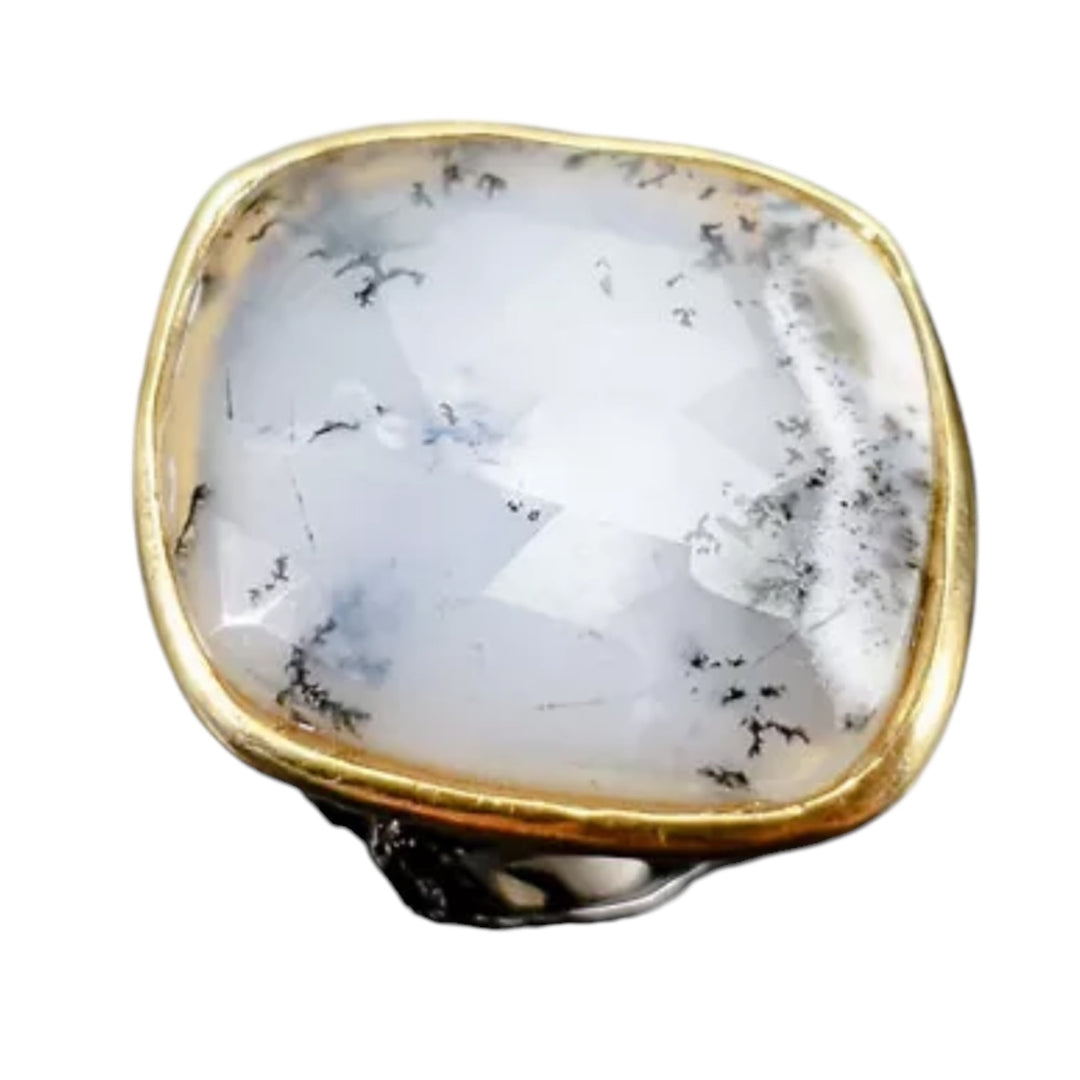 Dendritic Opal  Rhodium &amp; Gold Plated Sterling Silver Ring - Keja Designs Jewelry