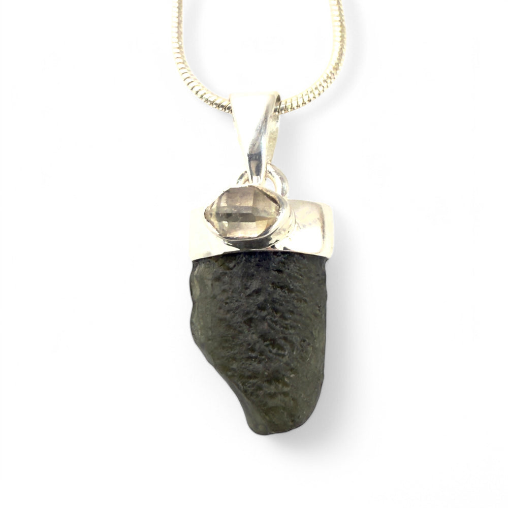 Moldavite & Herkimer Diamond Sterling Silver Pendant - Keja Designs Jewelry
