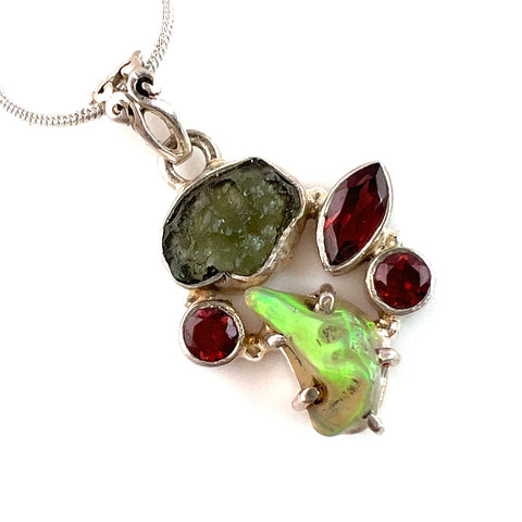 Moldavite Rough, Ethiopian Opal Rough & Garnet Sterling Silver Pendant