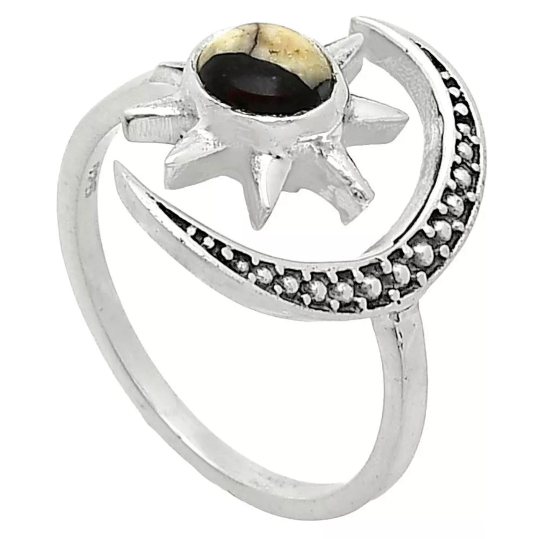 Crescent Moon & Star White Buffalo Sterling Silver Adjustable Ring - Keja Designs Jewelry