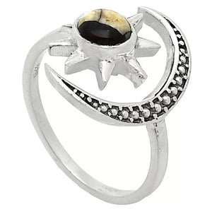 Crescent Moon & Star White Buffalo Sterling Silver Adjustable Ring