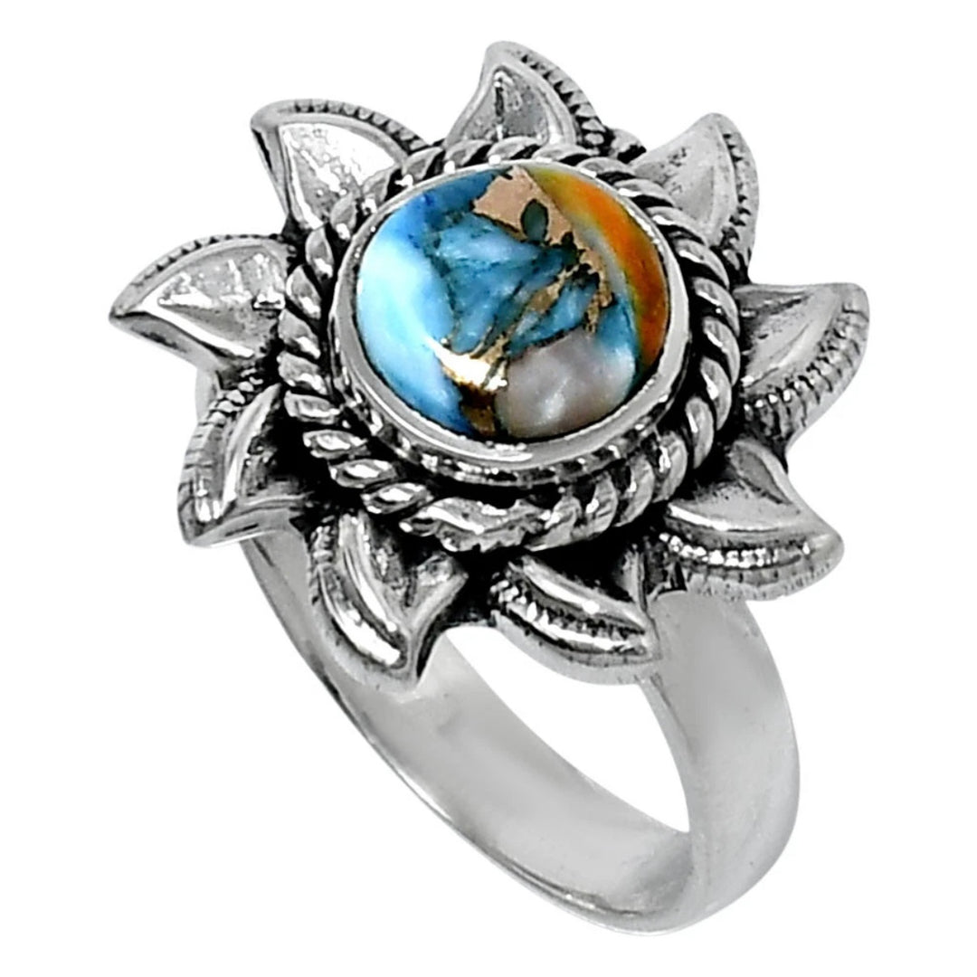 Spiny Oyster Turquoise Sterling Silver "Sun" Ring - Keja Designs Jewelry
