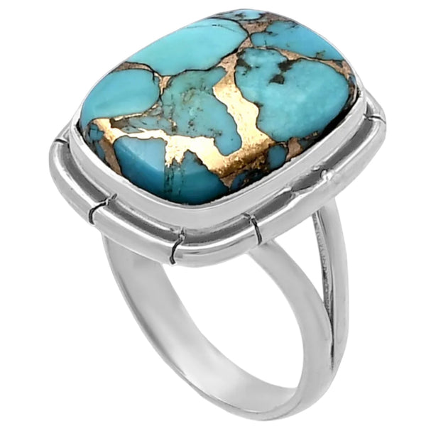 Blue Copper Turquoise Square Sterling Silver Oblong Ring - Keja Designs Jewelry