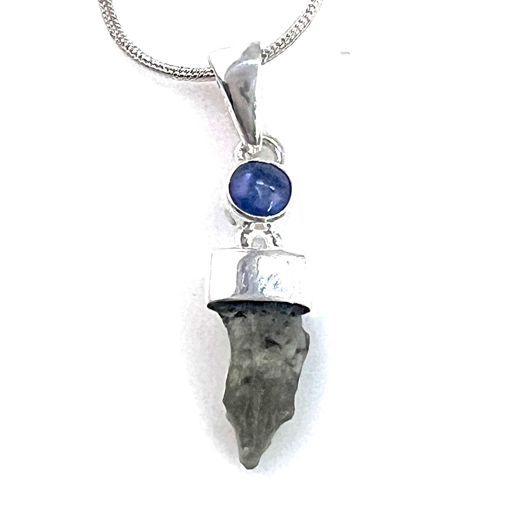 Moldavite Shard & Kyanite Sterling Silver Pendant - Keja Designs Jewelry