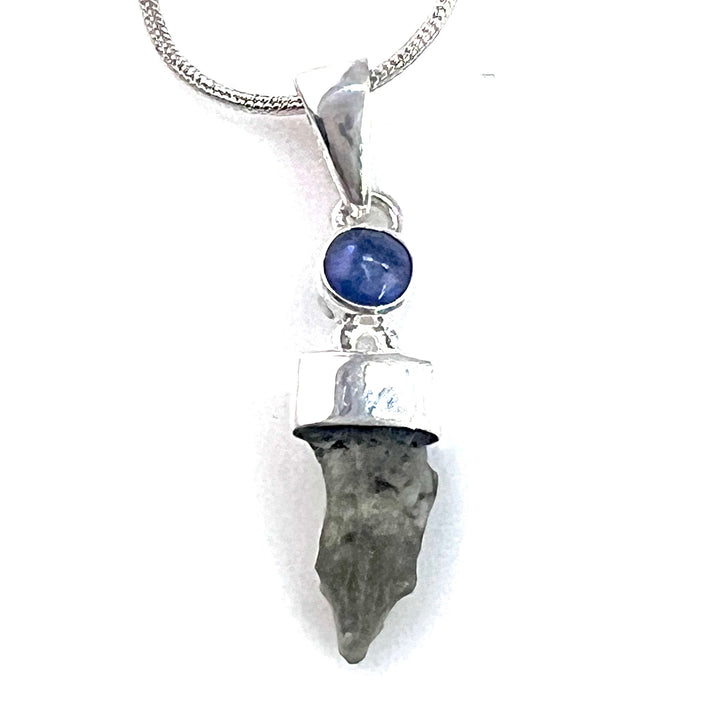 Moldavite Shard &amp; Kyanite Sterling Silver Pendant - Keja Designs Jewelry