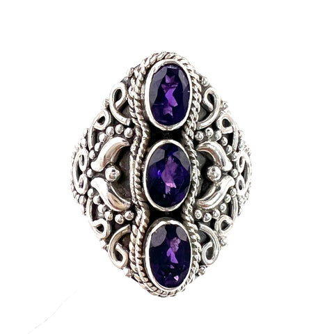Amethyst Three Stone Sterling Silver Ring - Keja Designs Jewelry