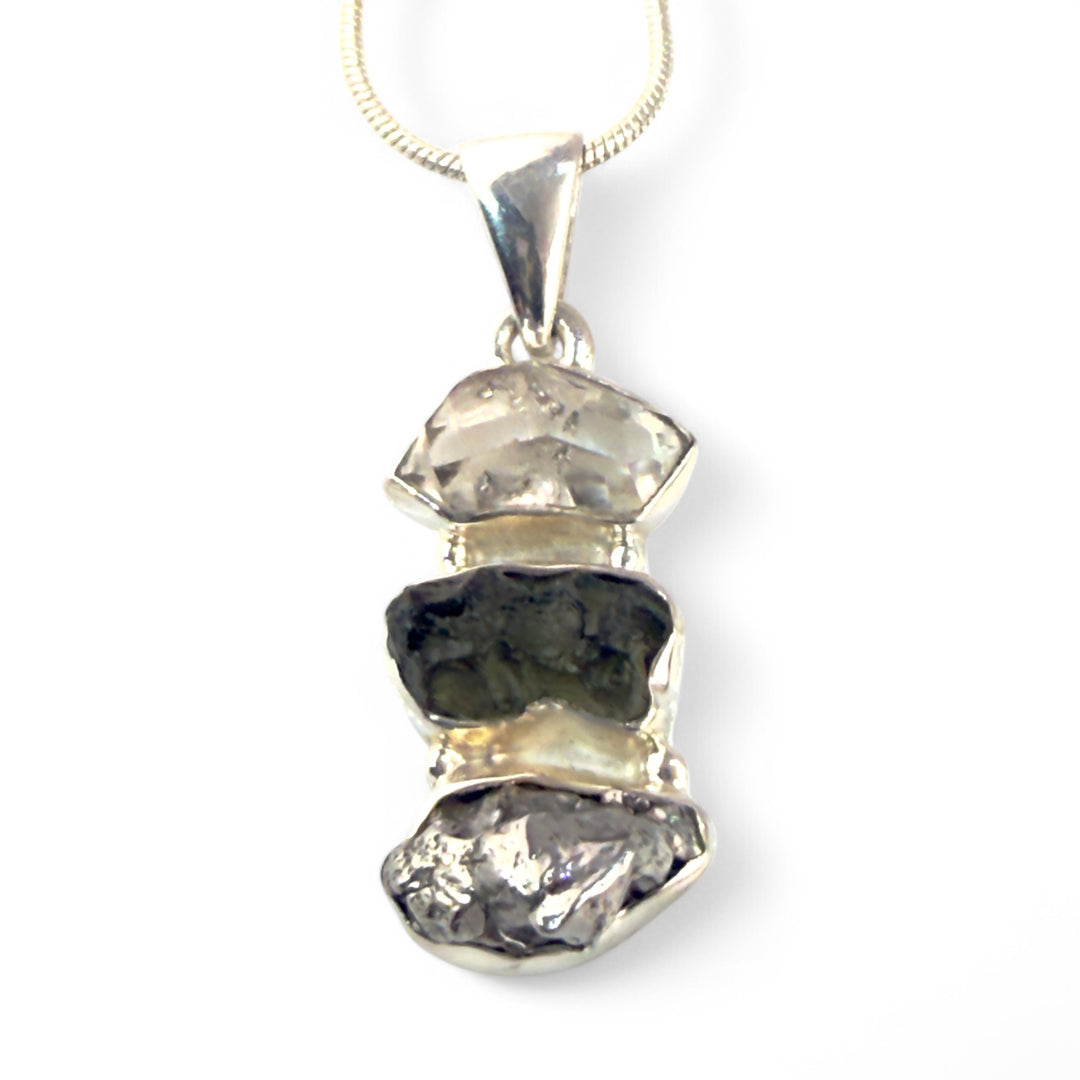 Moldavite Rough, Herkimer Diamond, &amp; Campo de Cielo Rough Sterling Silver  Ladder Pendant - Keja Designs Jewelry