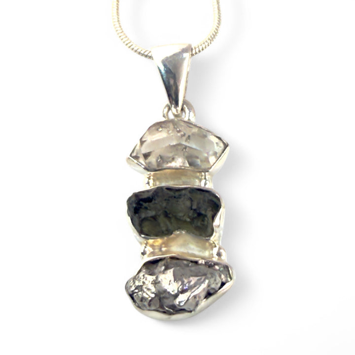 Moldavite Rough, Herkimer Diamond, &amp; Campo de Cielo Rough Sterling Silver  Ladder Pendant - Keja Designs Jewelry