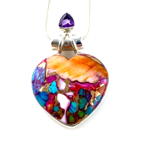 Kingman Dahlia Turquoise Heart & Amethyst Trillion Sterling Silver Pendant - Keja Designs Jewelry
