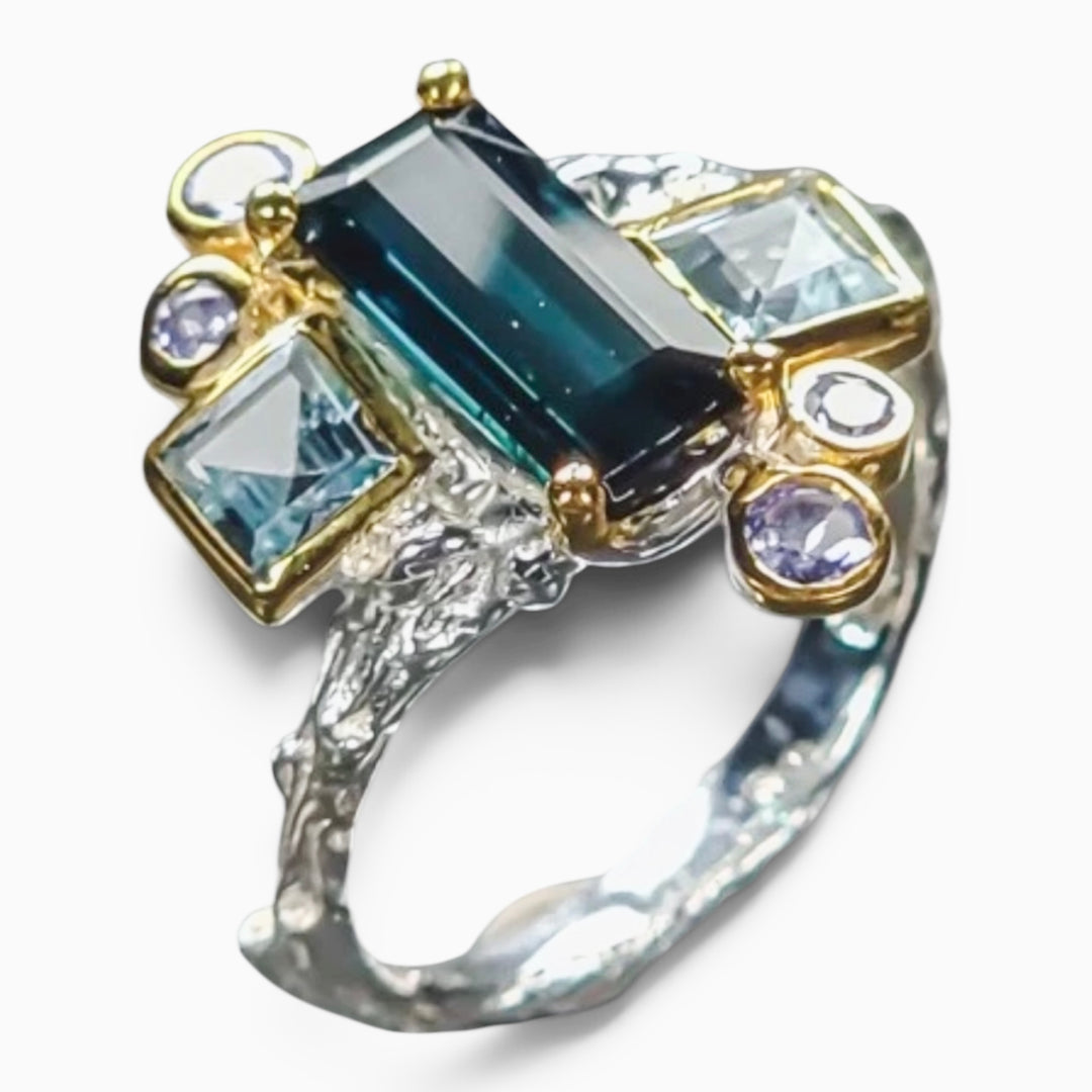 Blue Tourmaline, Seven Stone,  White Gold &amp; Gold Plated Sterling Silver Ring