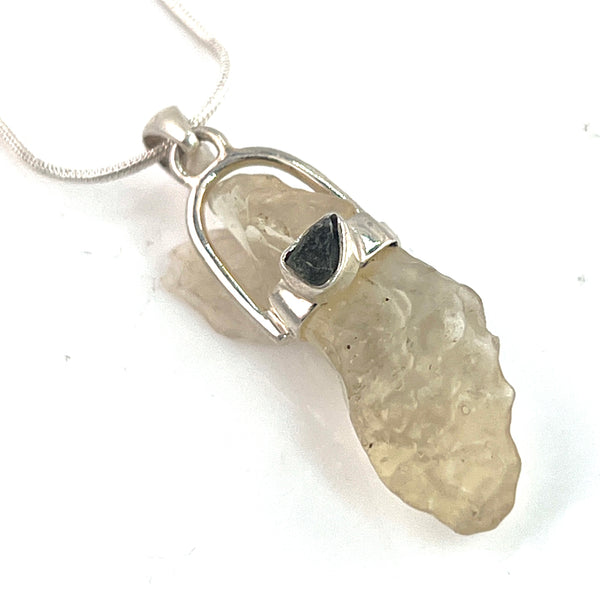 Libyan Desert Glass Meteorite & Moldavite Meteorite Sterling Silver Pendant - Keja Designs Jewelry